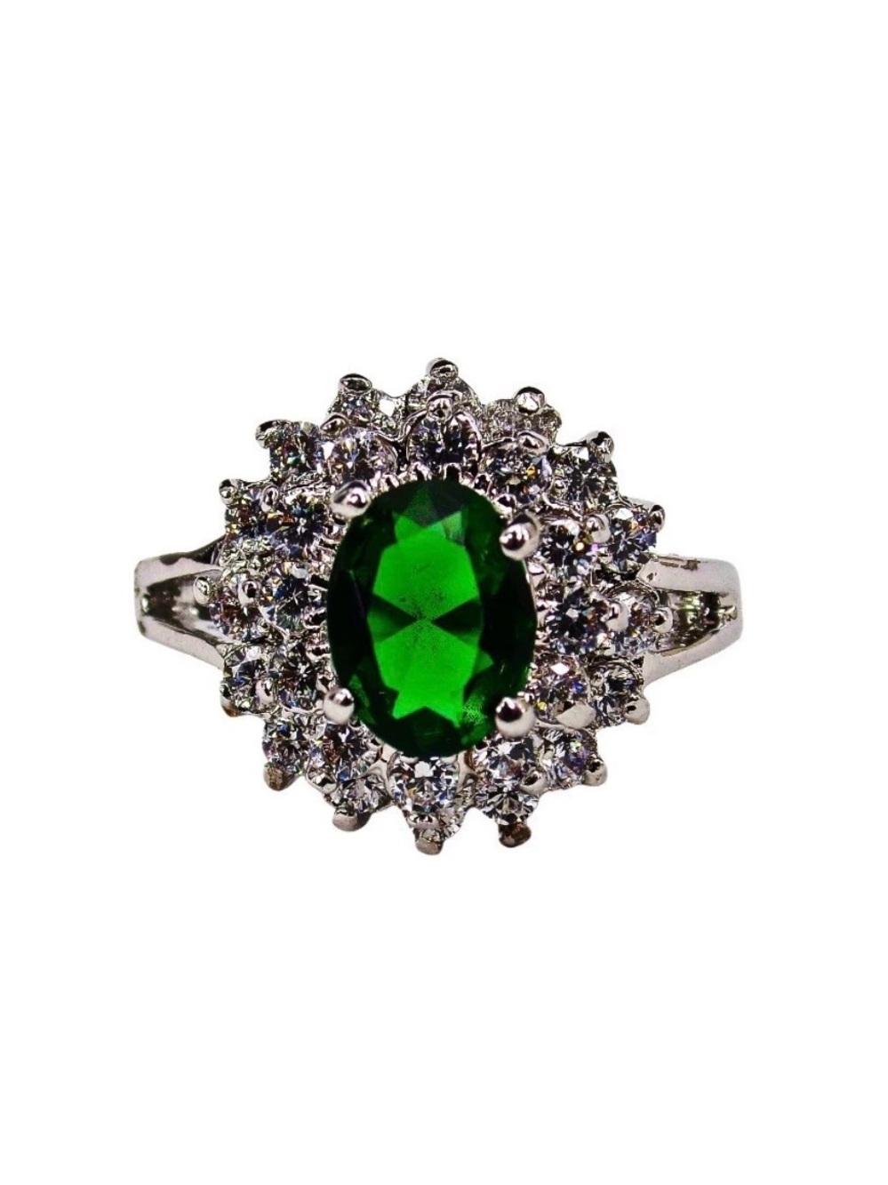 Green oval cubic zirconia stone ring w/ clear stones in a raised setting SZ 6.5